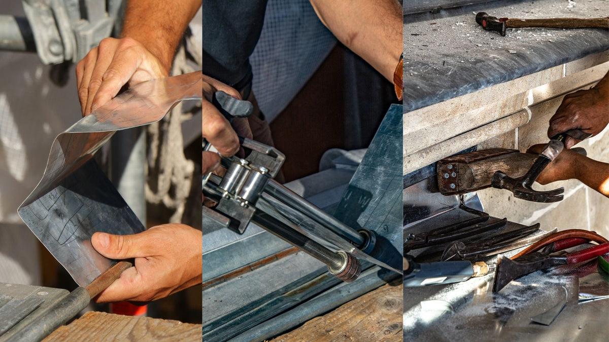 Façonnage du zinc en atelier : pliage de la feuille et mise en forme aux outils de couvreur