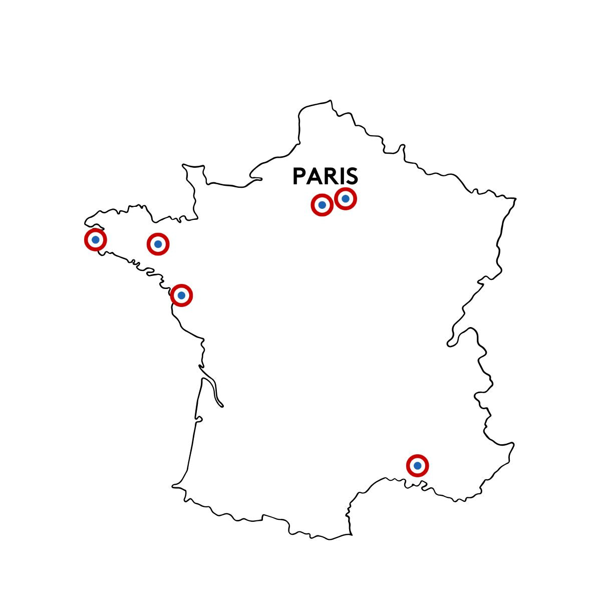 Carte de France localisant les ateliers de Toit de Paris
