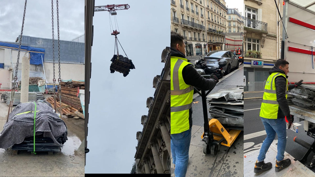 Collecte des matériaux de couverture sur les toits de Paris : levage à la grue et transport en camion