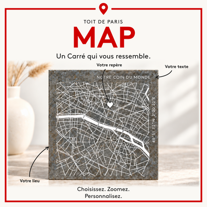 MAP - Votre lieu, votre texte et votre repère : carré en zinc personnalisable.