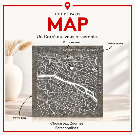 MAP - Votre lieu, votre texte et votre repère : carré en zinc personnalisable.